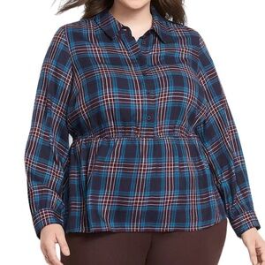 Lane Bryant 26/28 3X Long Sleeve Peplum Plaid Button Down Blouse Y2